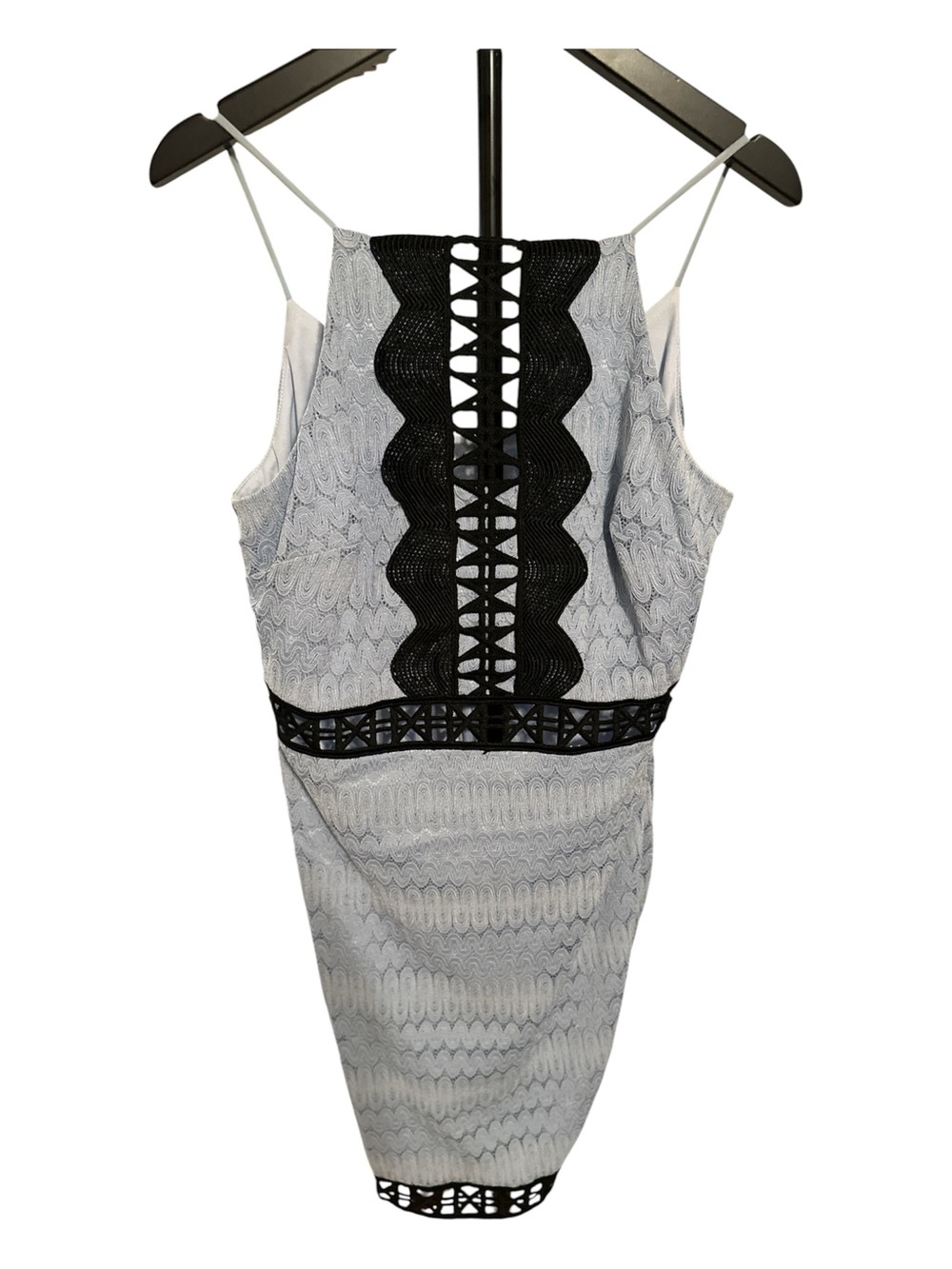 Sleeveless blue Lace-Pattern Dress with Black Trim